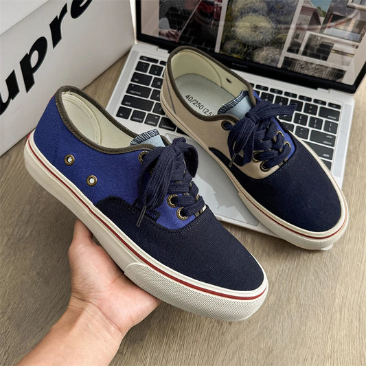 Boys' Casual Canvas Skateboard Shoes with Patchwork Low Cut Shoes Men's Minimalist Fashion Sneakers Trendy Lace Up Flat Bottom.
