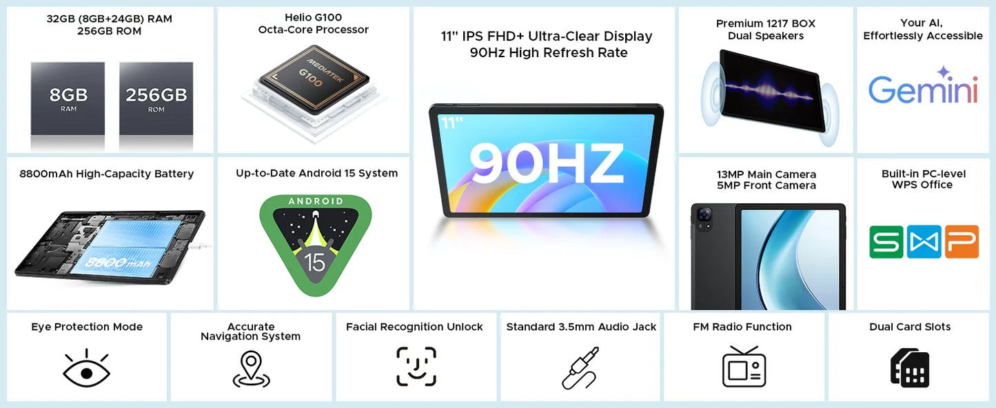 Global Version Doogee Tab E3 Tablet Pc Android 15 Gemini Ai 11-Inch Ultra-Clear 32Gb(8+24) 256Gb Helio G100 8800Mah Battery Tablet.