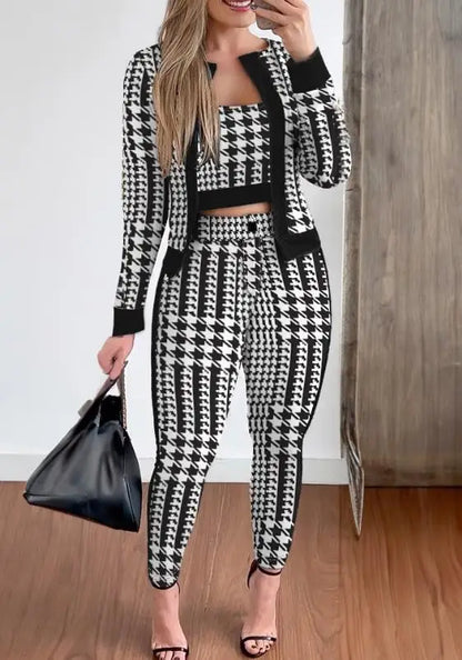 Trend Print Pants Sets Women Fashion Long Sleeve Coat Camisole Slim Trousers Three Piece Set Female Spring Autumn New Streetwear.