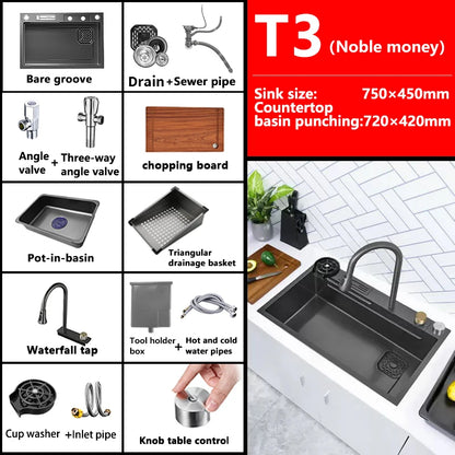 Waterfall Sink Kitchen Stainless Steel Topmount Sink Large Single Slot Wash Basin With Multifunction Touch Waterfall Faucet