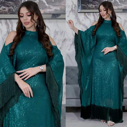 Ramadan Eid Tassel Sequin Batwing Abaya Dubai Women Islam Muslim Maxi Kaftan Dresses Kebaya Caftan Marocain Robe Femme Musulmane