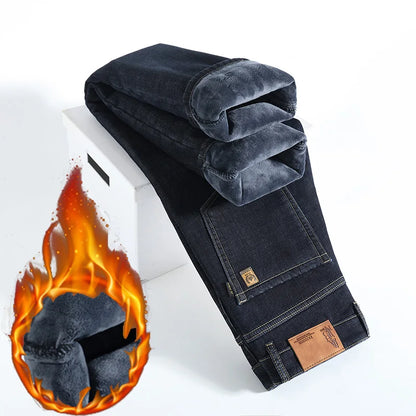 28-40 Large Size Winter Men Plush Thick Fleece Trouser Lambswool Thermal Jeans Casual Pants Windproof Warm Cotton Denim Pants