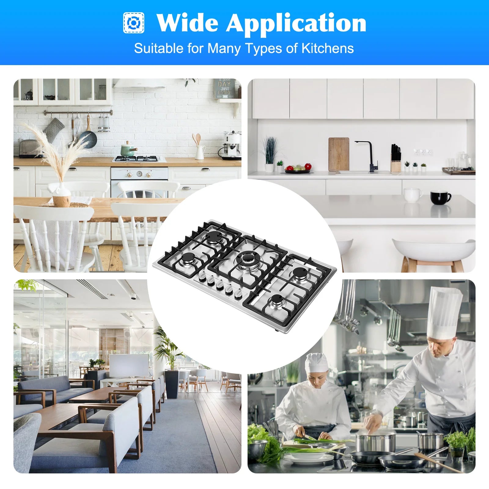 Stainless Steel Gas Cooktop with 5 Burners Electronic Pulse Ignition Built-in 3kw 2.75kw 1.75kw 1.75kw 1kw Gas Cooktop.