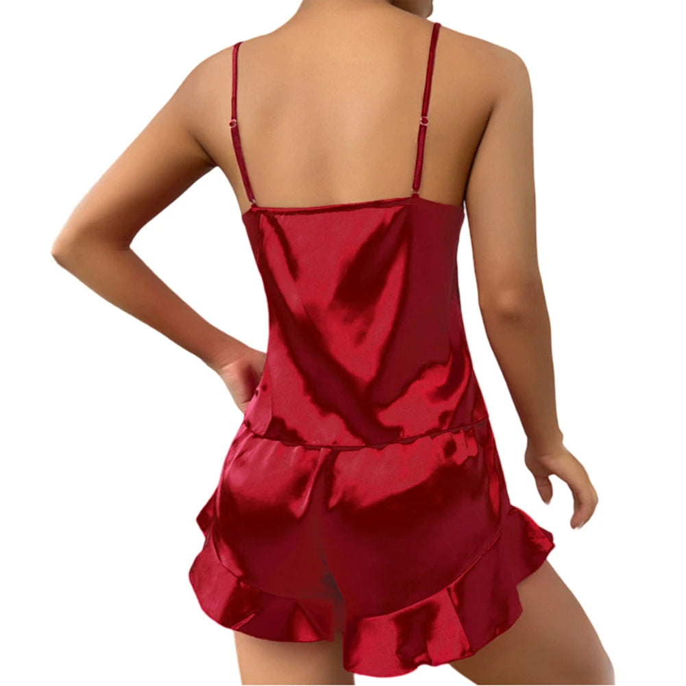 Frauen Neue Hause Tragen Sexy Hosenträger V-ausschnitt Tops Rüschen Shorts Pyjama Sets Sommer Sexy Spitze Satin Zwei Stück Pyjama Anzug.