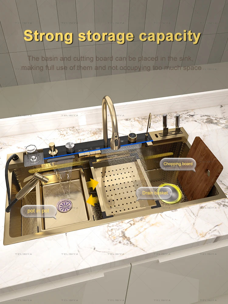 Edelstahl-Küchenspüle, multifunktionale Digitalanzeige, Wasserfall, großer Einzelschlitz mit Rack für Messerwaschbecken