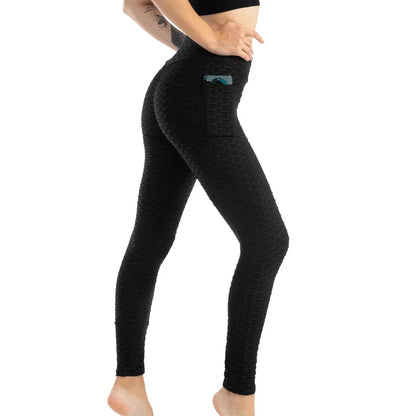 Women Fashion Pocket Bubble Pants Stretchy Slim Leggings Gym Running Cycling Fitness Pants High Waist Hip Lift Leggings Female.