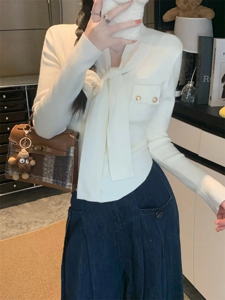 Frauen Frühling Herbst Einfachheit Büro Dame V-ausschnitt Einfarbig Langarm Strickwaren Damen Mode Alle-spiel Temperament Tops.