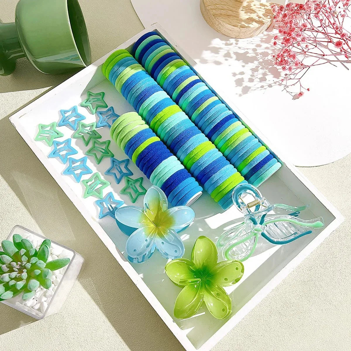 High Elasticity Women's Hair Accessories Blue Series Butterfly Knot Egg Flower Comb Set Hair Clips Fashionable Hair Accessories.