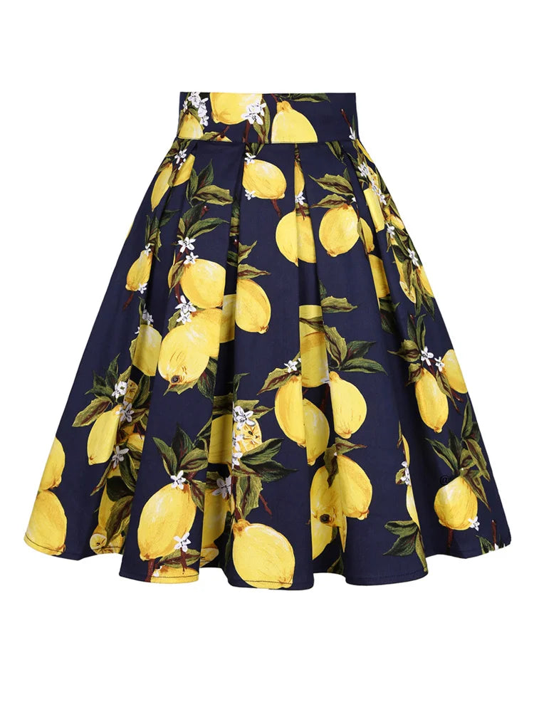2025 Summer French High Waist Pleated Skirts Blue 50s Vintage Casual Dance Party Skirt Sexy Cute Midi Lemon Skater Women Clothes.