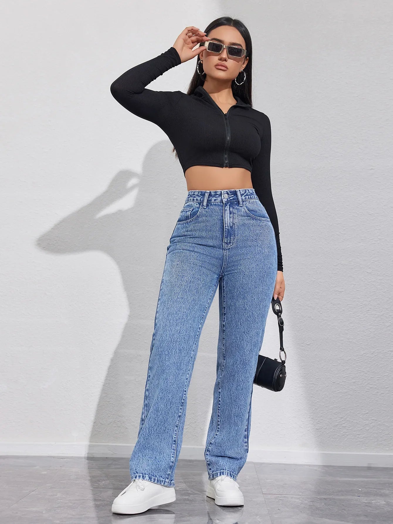 Women's High Waist Loose Comfortable Slimming Fashionable Straight Leg Casual Long Jeans Durable Quality from Mainland China.