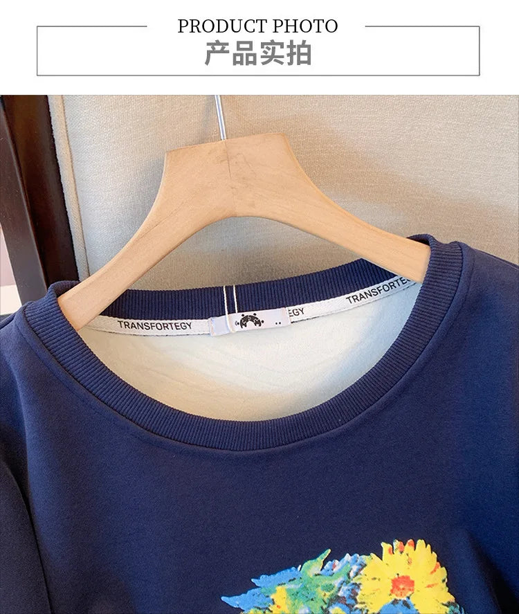 150kg plus size Damen büste Herbst Winter lose Rundhals ausschnitt Fleece warmes Sweatshirt bedrucktes Oberteil blau 5xl 6xl 7xl 8xl 9xl.