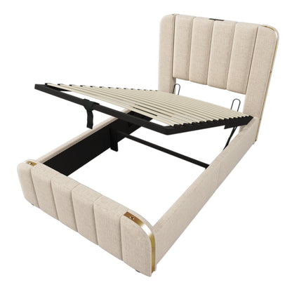 KOMHTOM Polsterbett Einzelbett 90x200 cm- mit goldenen Zierstreifen, USB Typ-C Ladefunktion, Leinen-Material, ohne Matratze