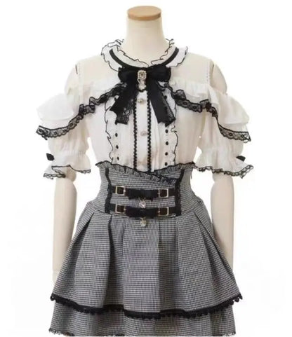 Jirai Kei Sweet Lolita Skort 2024 Summer - Double Bowknot High Waist Short Skirt with Leather Buckle Slim Fit Adjustable Waist.