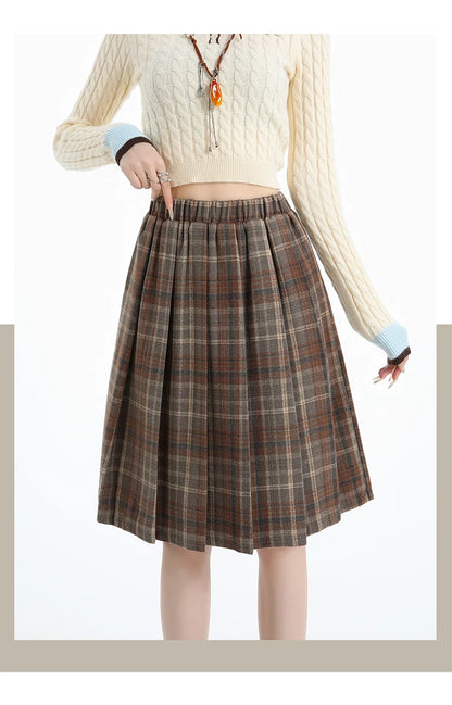 Preppy Style Woolen Pleated Plaid Skirt Women Fall Winter Retro Elastic High Waist Skirts Female Japanese A Line Faldas 2025 New.
