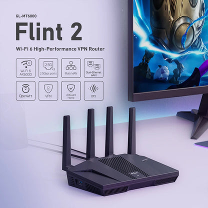 GL.iNet Flint 2 (GL-MT6000) home and office router, 8-Stream Wi-Fi 6 technology,OpenWrt,2.5G Ethernet ports,Parental control.