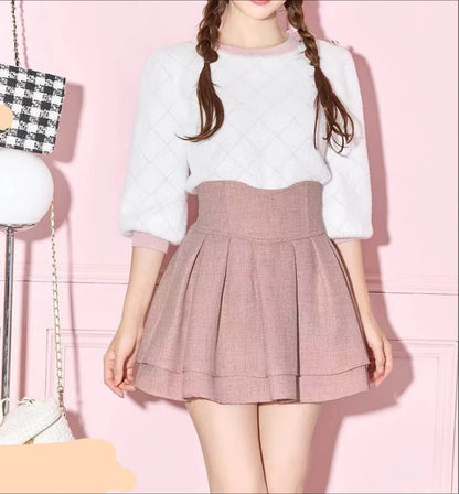 Japanese Lolita Skirts Ruffled Pleated Plaid Skirt Women 2025 Spring New Elastic High Waist Slimming Gentle Mini Skirt Culottes