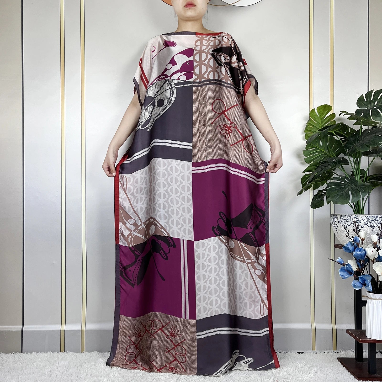 2024 New Dubai Summer Fashion For Women Printed Silk Soft Loose Femme Robe African Islam Maxi Woman Casual Dresses With Turban.