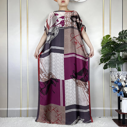 2024 New Dubai Summer Fashion For Women Printed Silk Soft Loose Femme Robe African Islam Maxi Woman Casual Dresses With Turban.