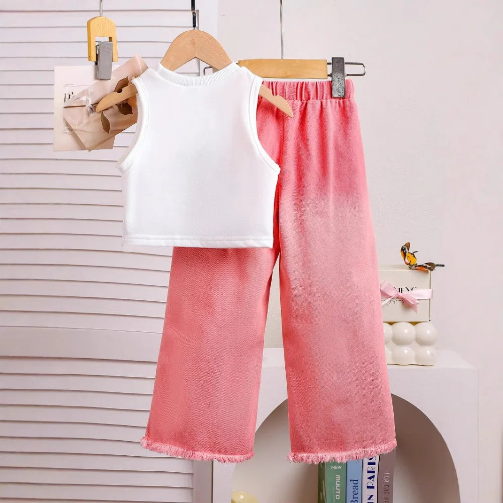 Bear Leader 2025 Summer 4-6 Year Old Streetwear Girls' Sets Sleeveless Butterfly Vest+Pink Cowboy Piercing Patch Pants 2-Pcs Set.