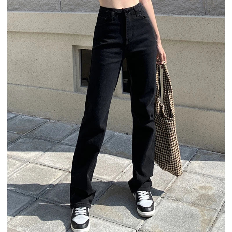 Frau Koreanische Hohe Taille Streetwear Gerade Bein Jeans Mädchen Y2k Kleidung Hosen Weibliche Mode Schwarz Baggy Harajuku Denim Hosen.