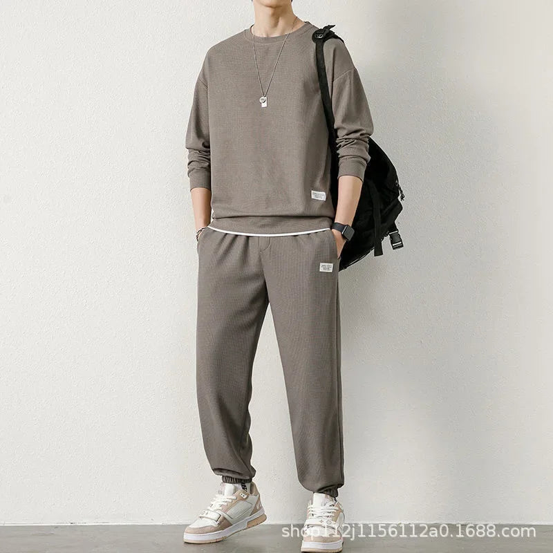 New Autumn Men's Fashion Sportswear Set Long Sleeve T-Shirt And Long Pants Casual Trendy Marbled Pattern Clothing Ensemble.