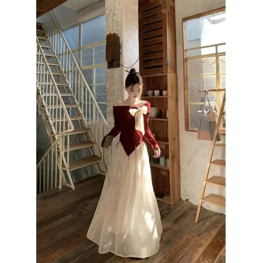 Red One-Shoulder Long-Sleeve Knitted Sweater Women's Spring New Year Slim Fit Short Top Butterfly Knot Decorated Cotton T-shirt.