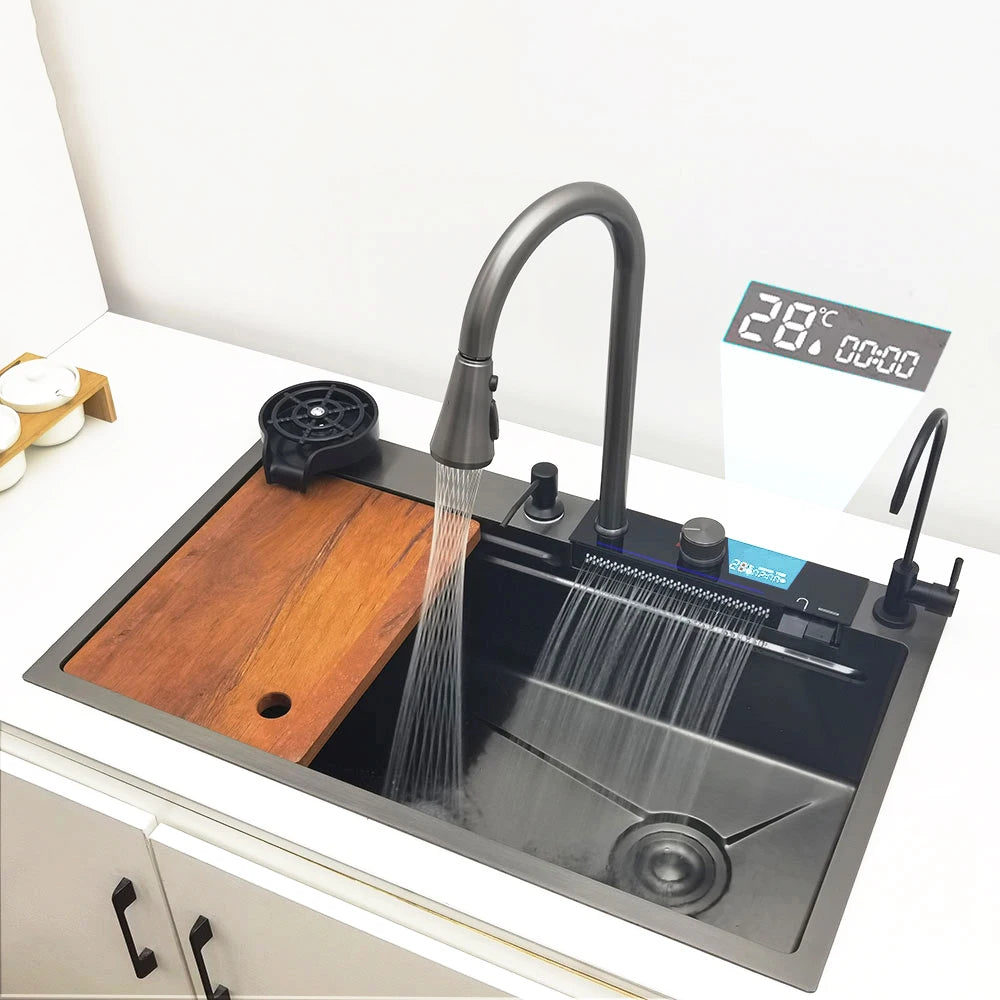 LED-Wasserfall-Küchenspüle, Spüle aus Edelstahl 304, großes Einzelbecken mit Multifunktions-Wasserfall-Wasserhahn über der Theke