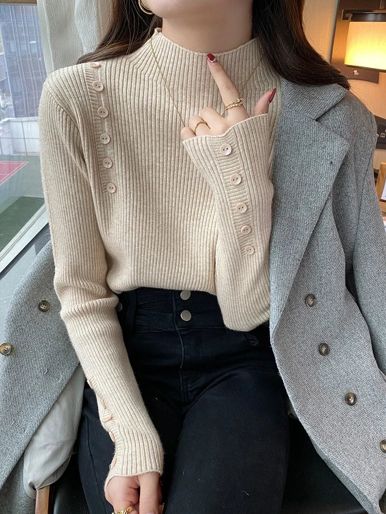 Langarm Beiläufige Dünne Pullover Mode Taste Grundlegende Gestrickte Tops Frauen Rollkragenpullover Koreanische Mode Einfache Chic Kleidung.