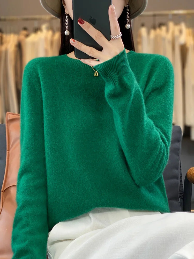 100% Merino Wool Sweater Women O-neck Cashmere Knitwear Female Pullover Autumn Winter Casual Tops Solid Color Soft  Clothing