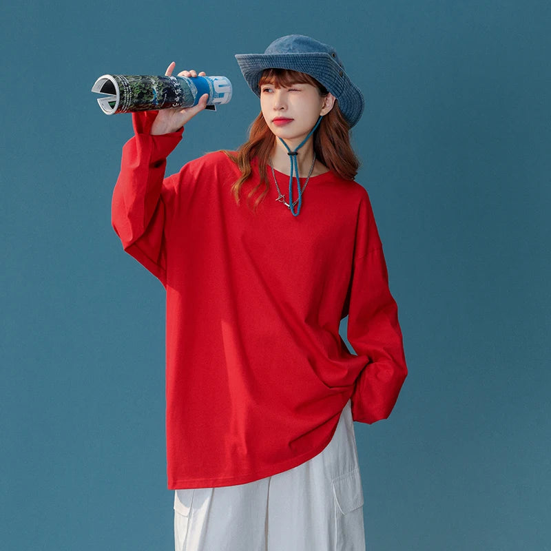 COUTUDI-Oversized T-Shirt for Women, Loose Pullover,Long Sleeve, Casual 100% Cotton Tee Shirt, Lady Tops, Korean Streetwears