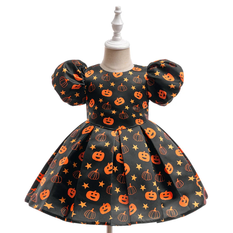 Kleinkind Halloween Kostüm Mädchen Cosplay Hexe Kürbis Skelett Druck Bowknot Kleid Kinder Festival Party Performance Kleidung