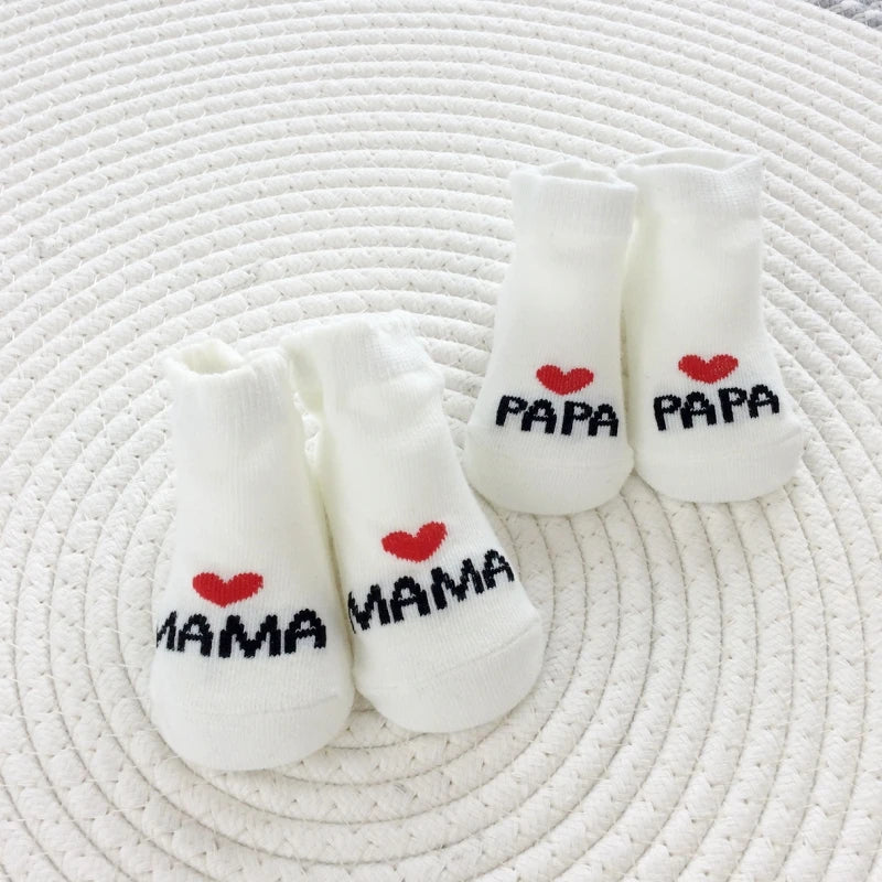 2Pairs Newborn Baby Girls Boys Socks White Cute Love MAMA PAPA  Bebe Cotton Socks Gift Toddler Crew Socks Pack Design.