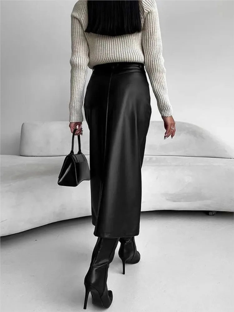 Leather Skirt High Waist Women Front Slit Spring Autumn Long Skirt High Waisted Office Lady Slim Skirts Elegant Ropa De Mujer.