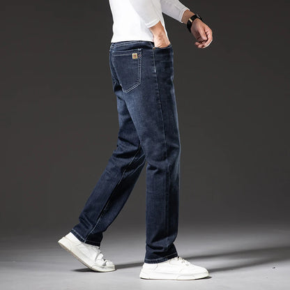 Große Größe 40, 42, 44, 46, lockere, gerade Jeans für Herren, Herbst, neue Business-Casual-Stretchhose, klassische blaue Denim-Hose für Herren.