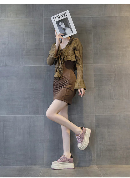 Fujin 9cm Cow Suede Genuine Leather Women Vulcanized Shoes Platform Wedge Skate Boarding High Brand Heels Casual Summer Shoes