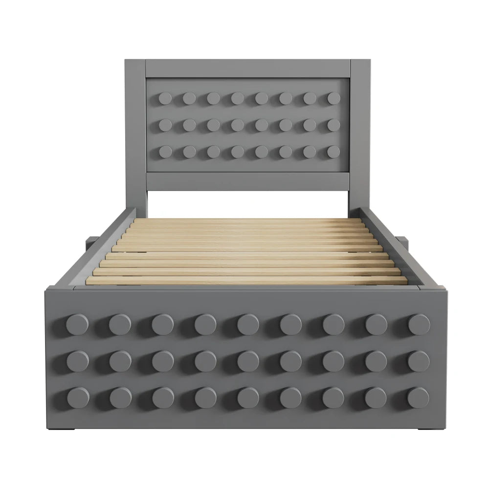 Jugendbett mit kreativem Blockdesign, Gestell aus Massivholz mit Gitterrost, mit Stauraum unter dem Bett, ohne Matratze