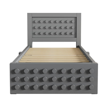 Jugendbett mit kreativem Blockdesign, Gestell aus Massivholz mit Gitterrost, mit Stauraum unter dem Bett, ohne Matratze