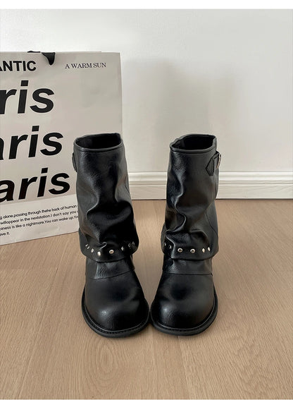 Winter Pleated Women Western Ankle Boots Fashion Rivet Belt Buckle Shoes Ladies Concise Vintage Thick Heel Short Booties.