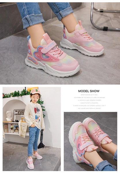 Girls Sports Shoes Kids Running Shoes Pink Breathable Air Mesh Heart Sweet Sneakers Cute Hook & Loop Children's Casual  Shoes.