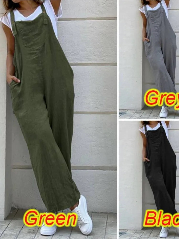Spring Summer Jumpsuit For Women Solid Color Romper Casual Pant Pockets Button Wide Leg Strap Jumpsuits Loose Rompers Overalls.