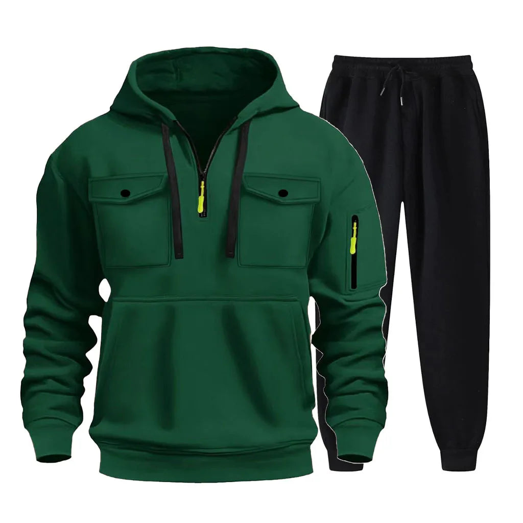 2025 new autumn/winter men's multi pocket zipper hooded sweatshirt+sports pants two-piece jogging and leisure fitness suit set.