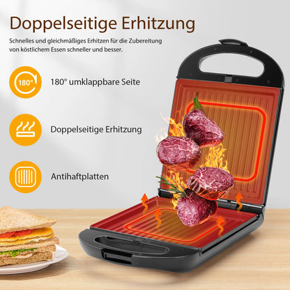 TAYLOR SWODEN 3-in-1 sandwich maker, waffle iron, baking tray, 1200 W, for 4 sandwiches, removable non-stick tray, 180° rotation.