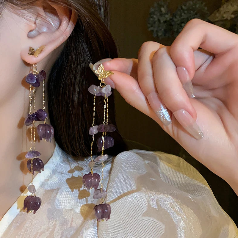 Pink Butterfly Earrings With Long Tassel Sparkly Zircon Crystal Imitation Pearl Beads Earrings Light Luxury Party Ear Jewelry.