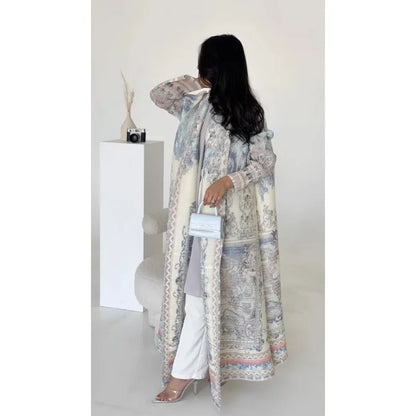 Abaya Miyake Pleated Printed Robe Jacket Arabian Dubai Style Women's Long Sleeve Conservative Demure Muslim Trench Coat 55inches