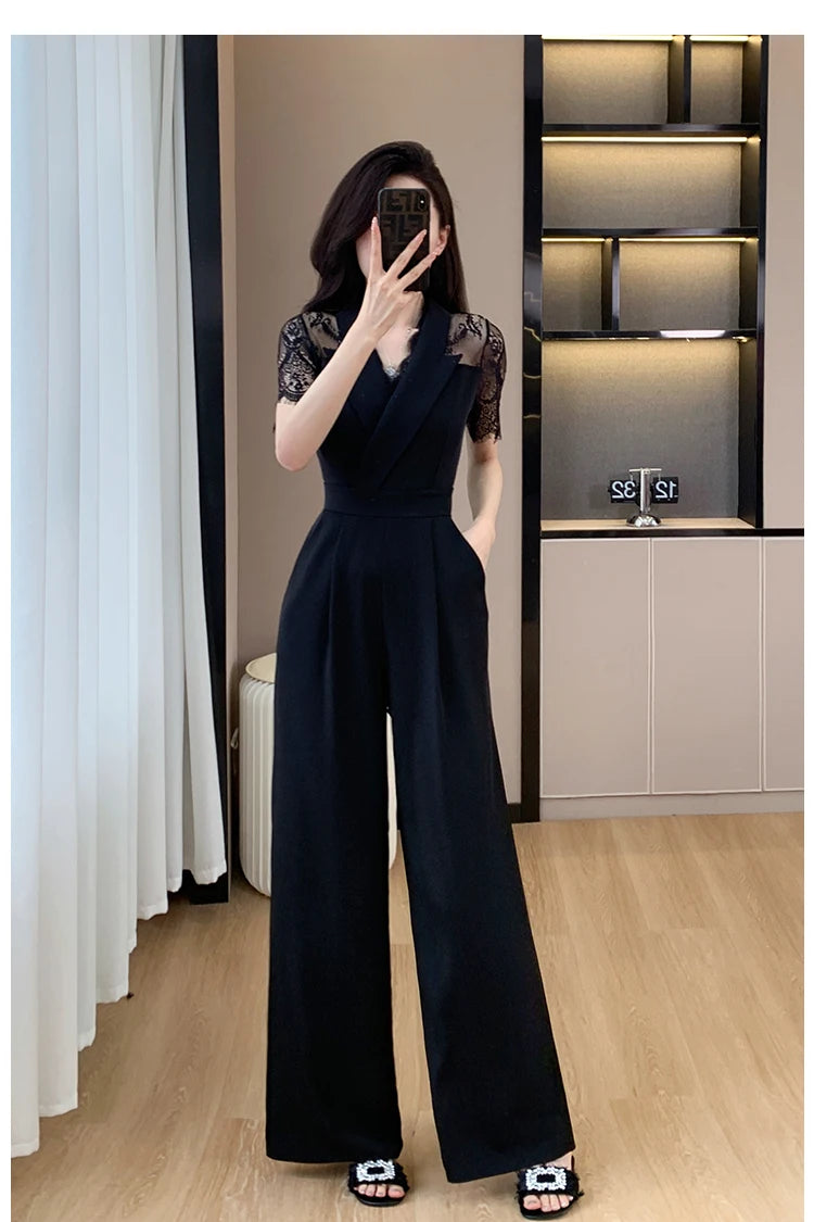 LYX High-Cold Lady Style Romper Women Summer Short Sleeve High Waist Lace Splicing Hollow out One-Piece Straight Leg Pants.
