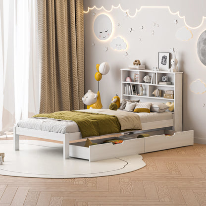 Rosahqnda Massivholz-Bettgestell 90 x 200 cm, Kinderbett mit Schubladen und Kopfteil für Bücher, Einzelzimmer, Weiß