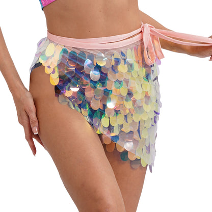 Womens Sequins Dance Skirt Lace-Up Mermaid Hip Scarf Wrap Long Belly Dance Hip Skirt Festival Dance Stage Performance Costumes