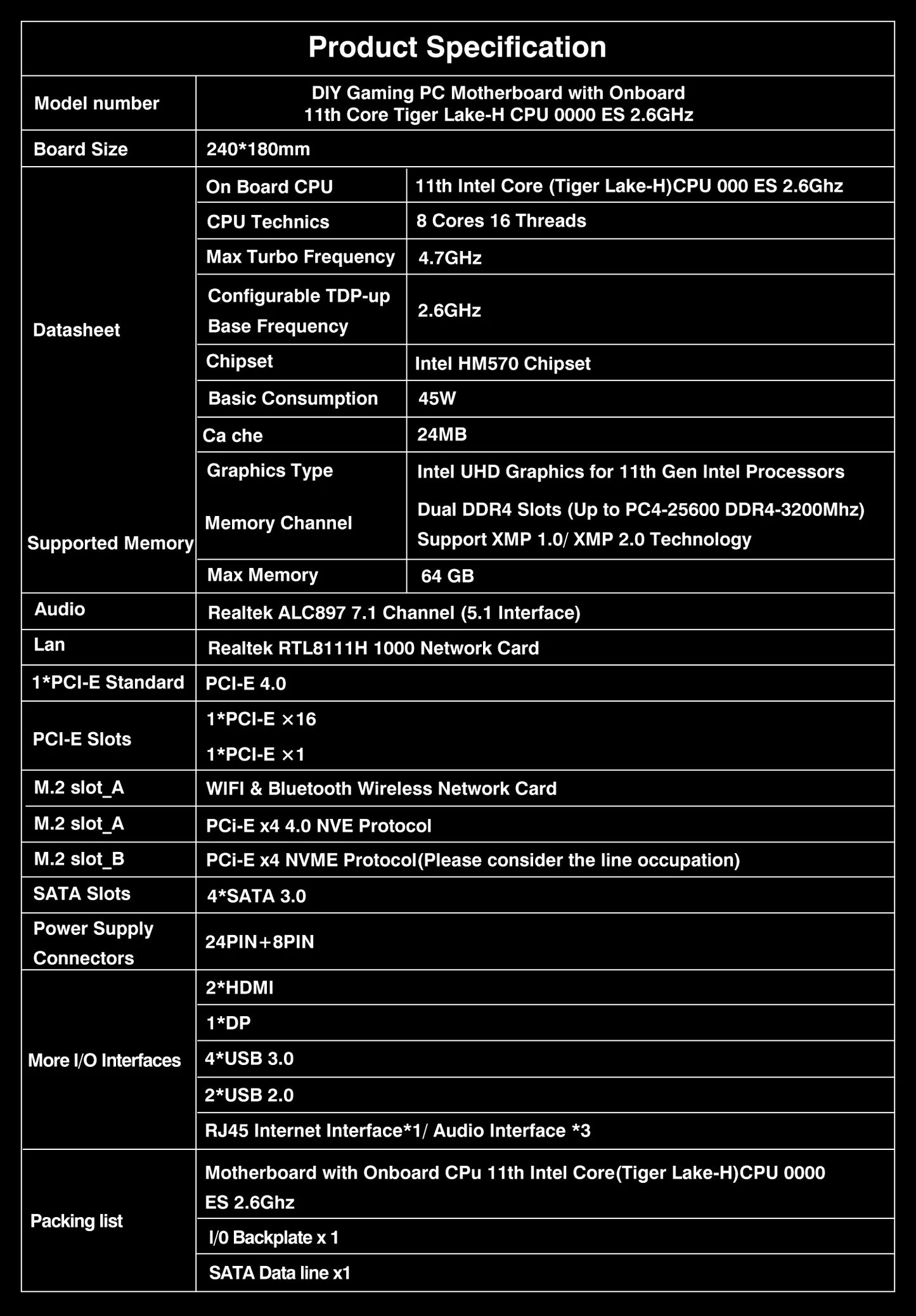 DIY Gaming Computer Motherboard with Onboard 11th Kit IntelCore CPU 0000 ES 2.6GHz (Refer to Kit i9 1198** i9 11900) DDR4.