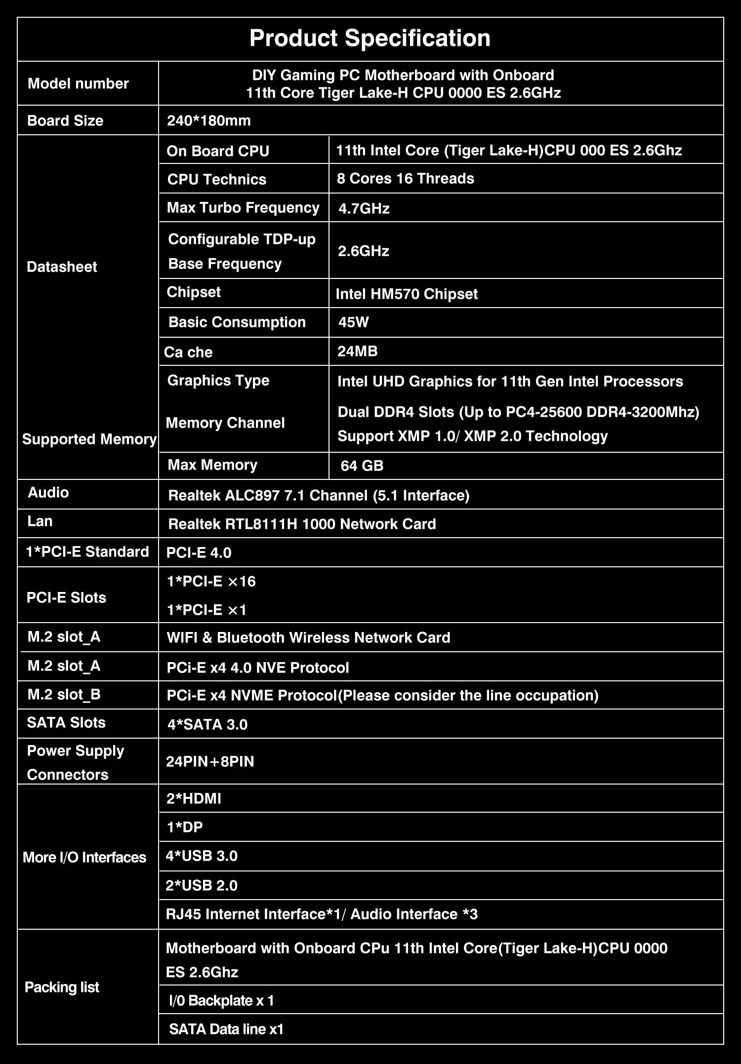 DIY Gaming Computer Motherboard with Onboard 11th Kit IntelCore CPU 0000 ES 2.6GHz (Refer to Kit i9 1198** i9 11900) DDR4.
