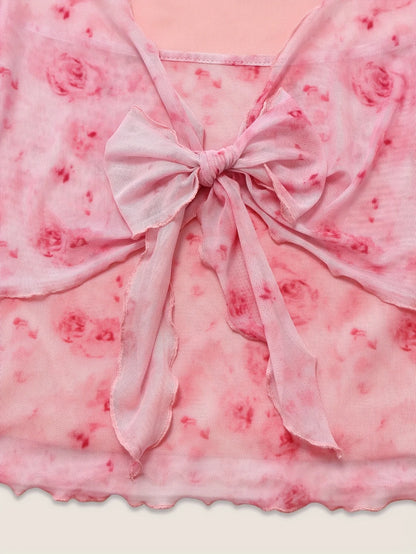 Summer Women's Y2k Floral Printed Sweet V-Neck T-shirts Mesh Beach Party Dress Top Flare Sleeve Square Collar Lace Up Shirt 2025.